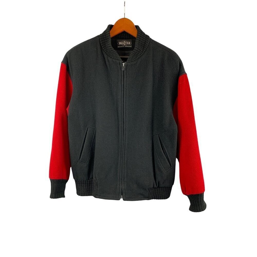 Braetan Womens Black & Red Wool Blend Bomber Jacket With Ribbed Collar & Cuffs -